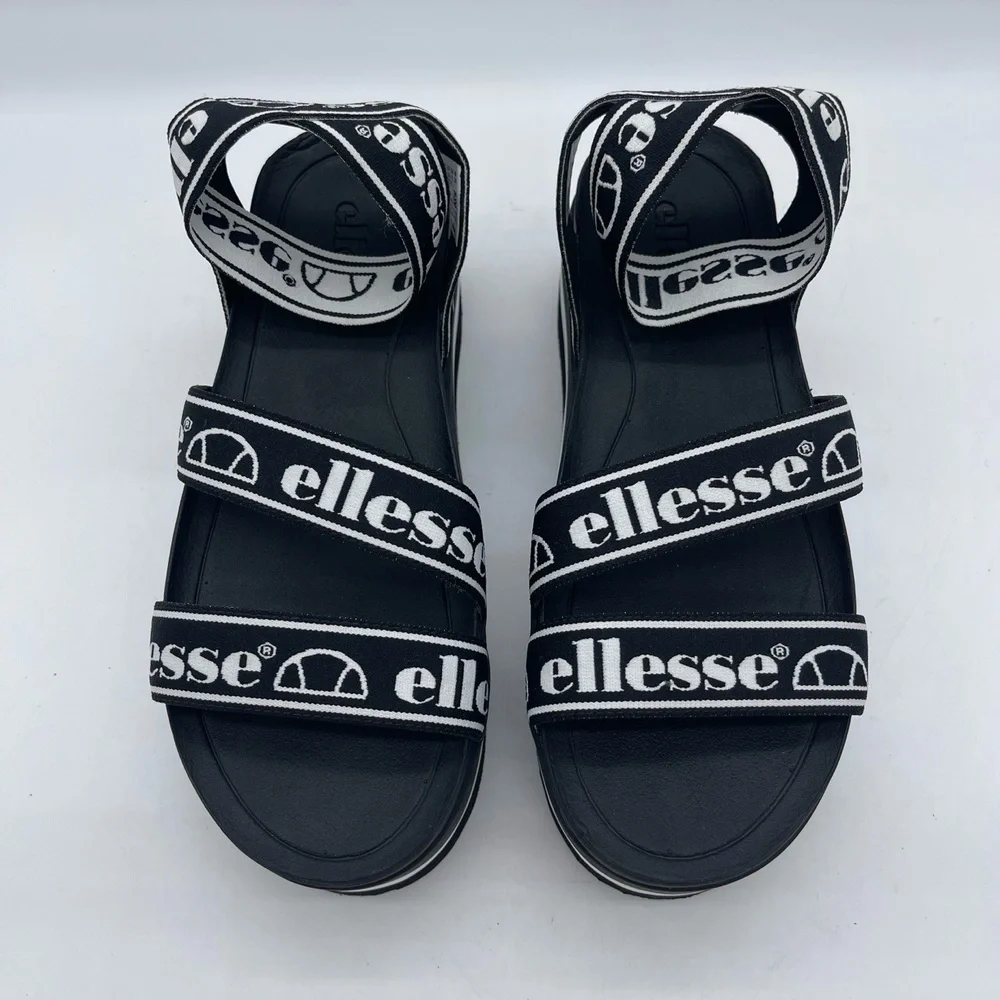 Ellesse Elina Text‎ AF 6-13587 Women's Size 8 Platform Sandals Black White Shoes
